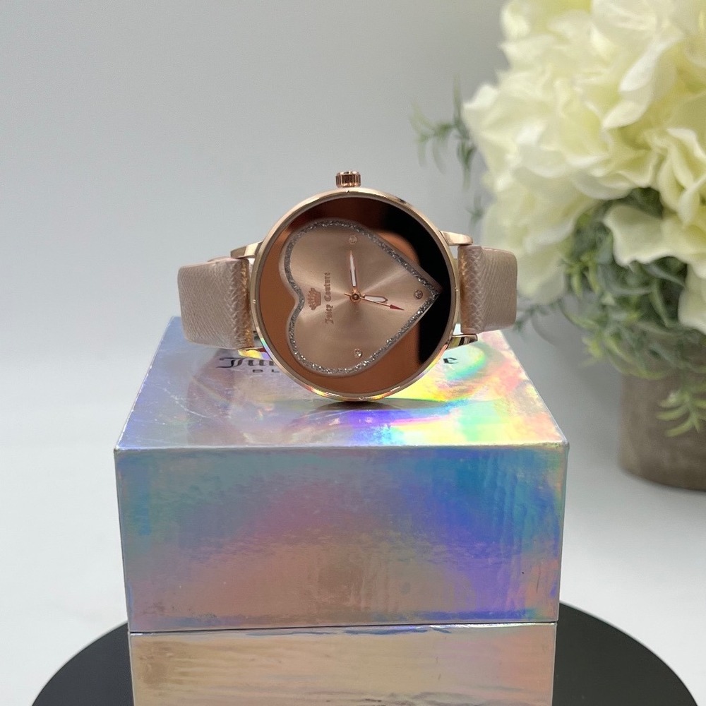 Juicy Couture Black Label Ladies Rose Gold Glitter Heart Watch New Battery